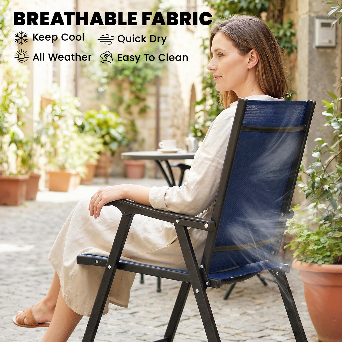 Folding Garden Chairs Set of 2 with High Back, Armrests, Navy Blue
