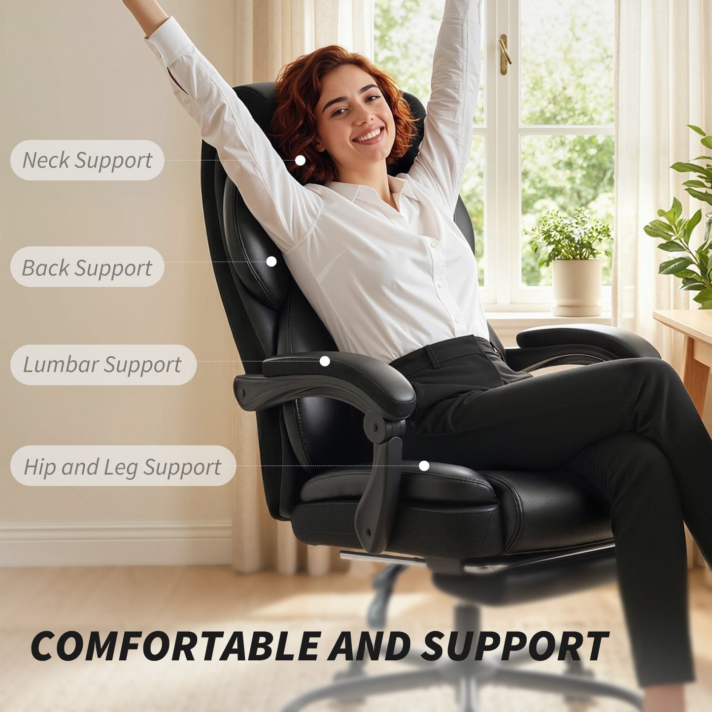 Adjustable Office Chair with Footrest, Armrest, Casters, Black
