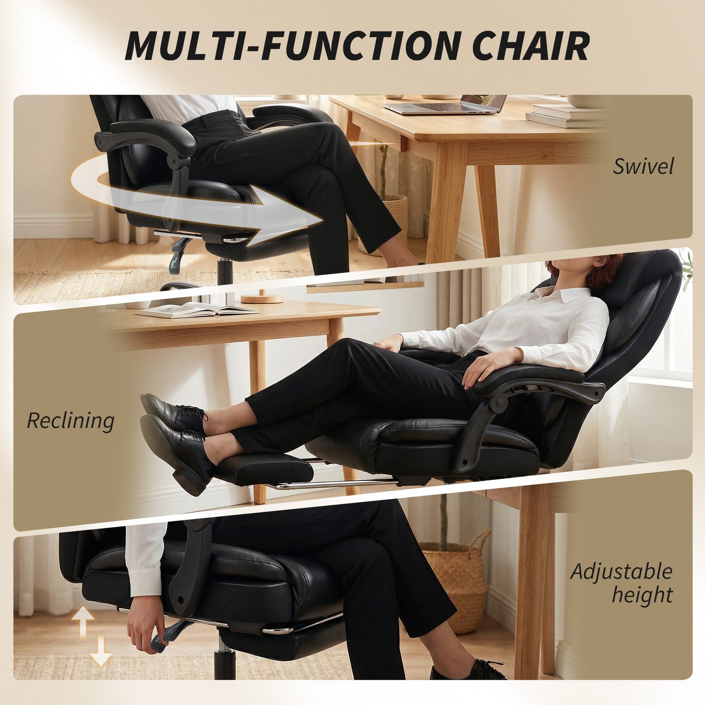 Adjustable Office Chair with Footrest, Armrest, Casters, Black