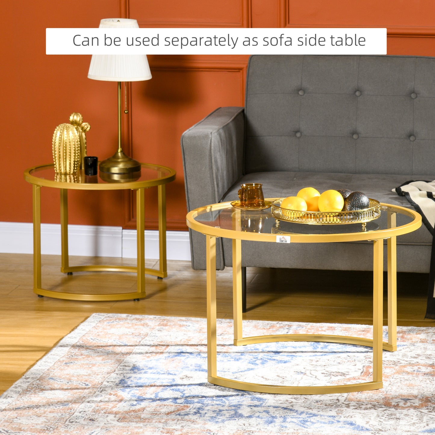 Modern Coffee Table Set of 2, Nesting Tables with Glass Top, Gold