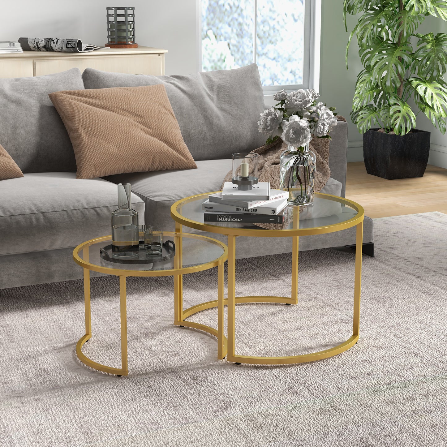 Modern Coffee Table Set of 2, Nesting Tables with Glass Top, Gold