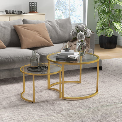 Modern Coffee Table Set of 2, Nesting Tables with Glass Top, Gold