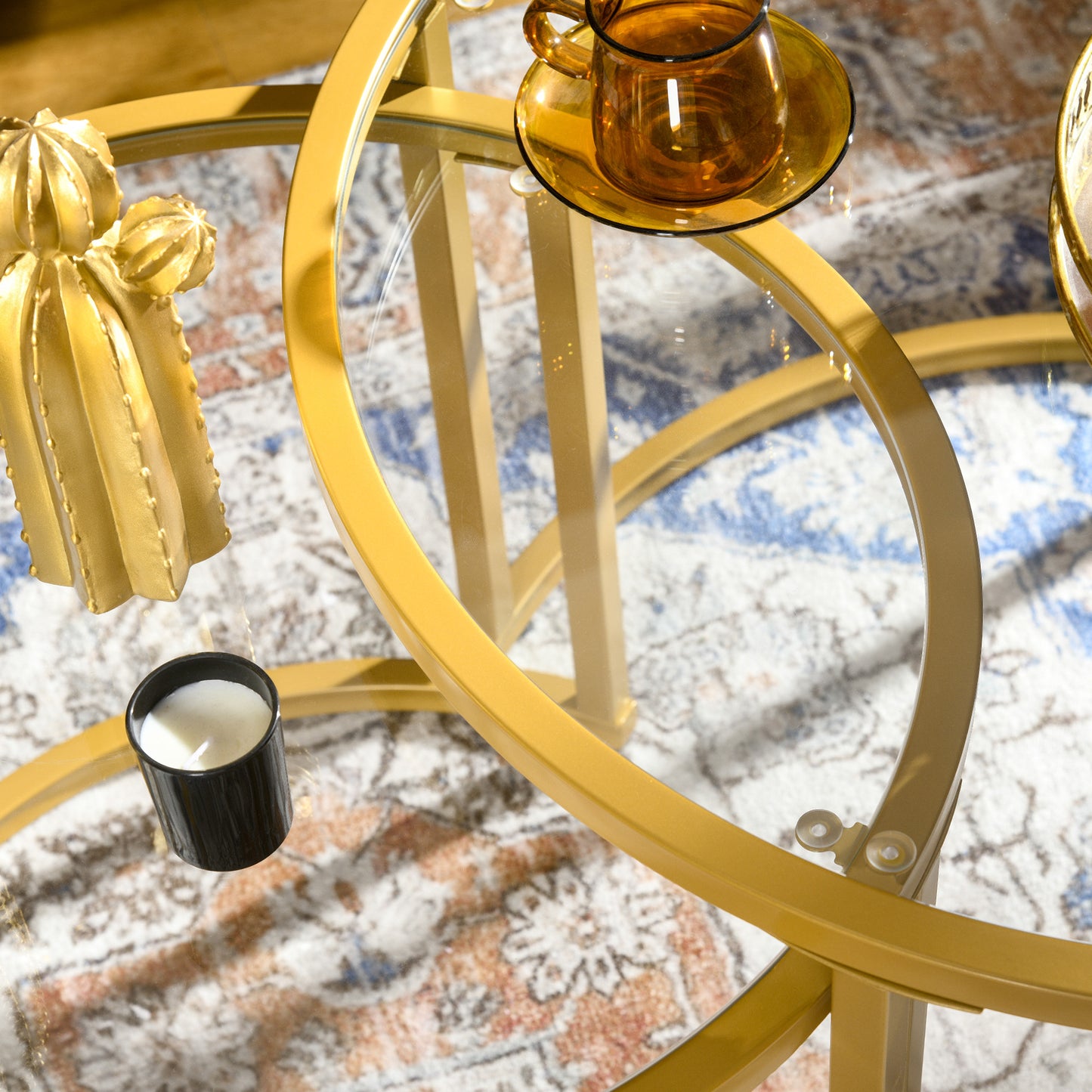 Modern Coffee Table Set of 2, Nesting Tables with Glass Top, Gold