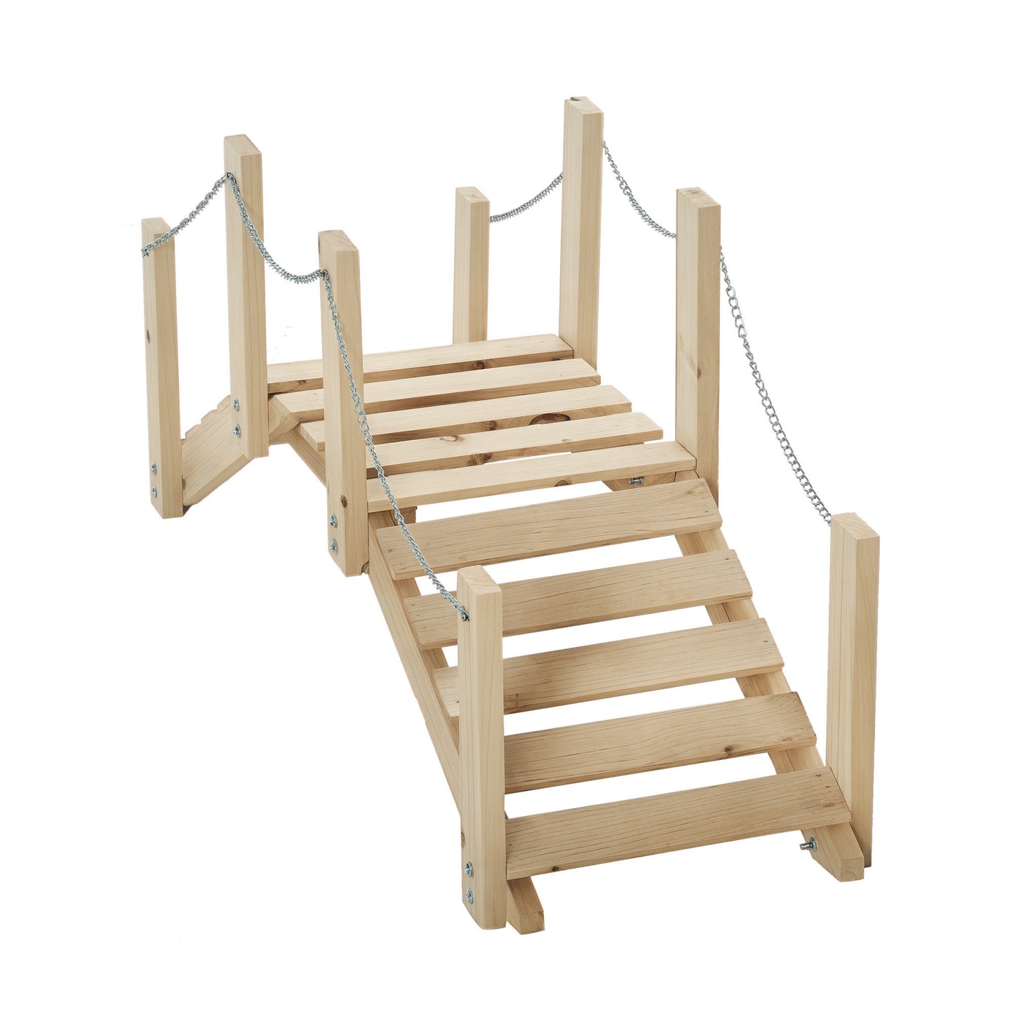 Fir Wooden Garden Bridge, Arch Walkway with Metal Chain Railings