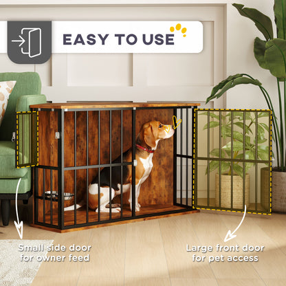 Corner Dog Crate Furniture, Heavy Duty Dog Kennel Side End Table Indoor with 2 Bowls, Lockable Doors, Decorative Pet for Small and Medium Dogs, Rustic Brown