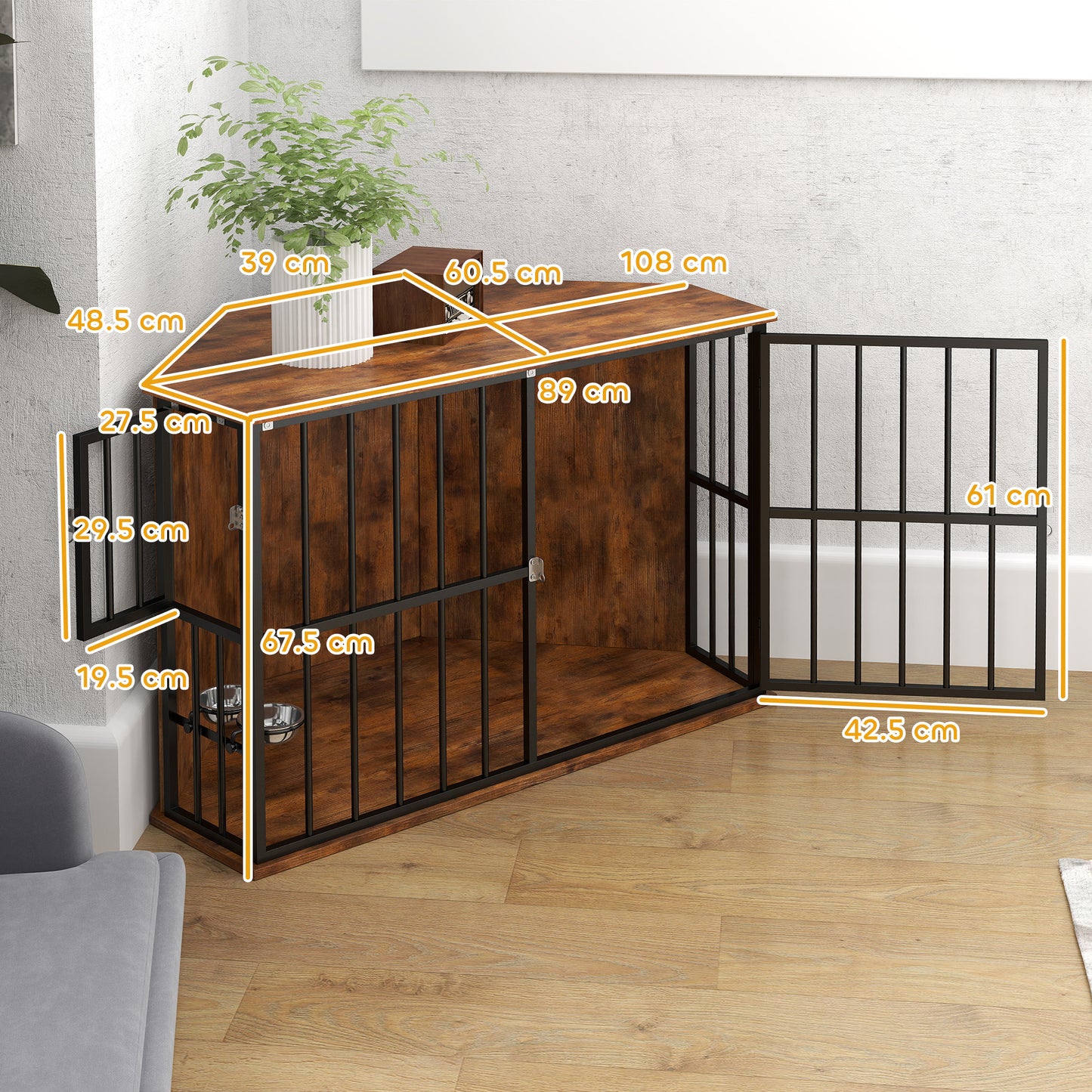 Corner Dog Crate Furniture, Heavy Duty Dog Kennel Side End Table Indoor with 2 Bowls, Lockable Doors, Decorative Pet for Small and Medium Dogs, Rustic Brown