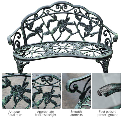 Cast Aluminium Outdoor Garden Patio Antique Rose Style Bench Porch Park Chair Seater - Green