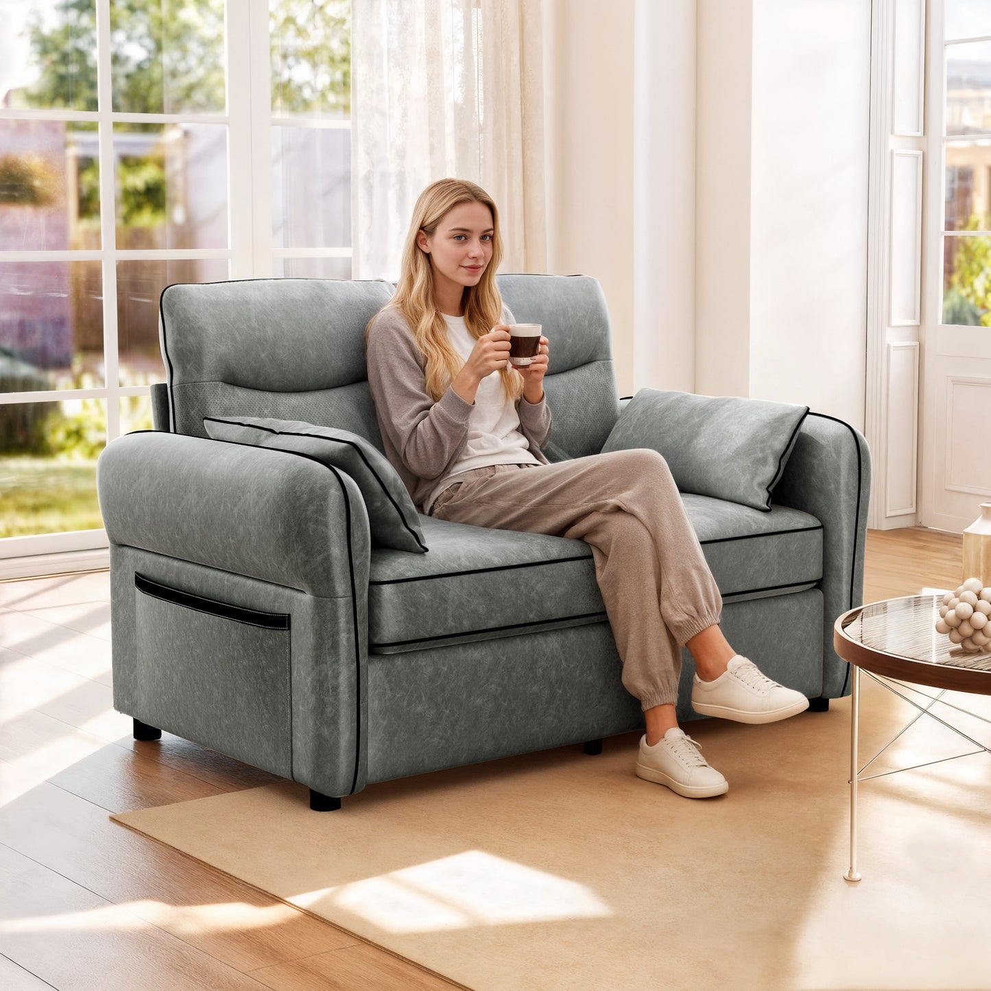 Loveseat Sofa, Faux Leather Sofa with Thicken Cushion, Grey