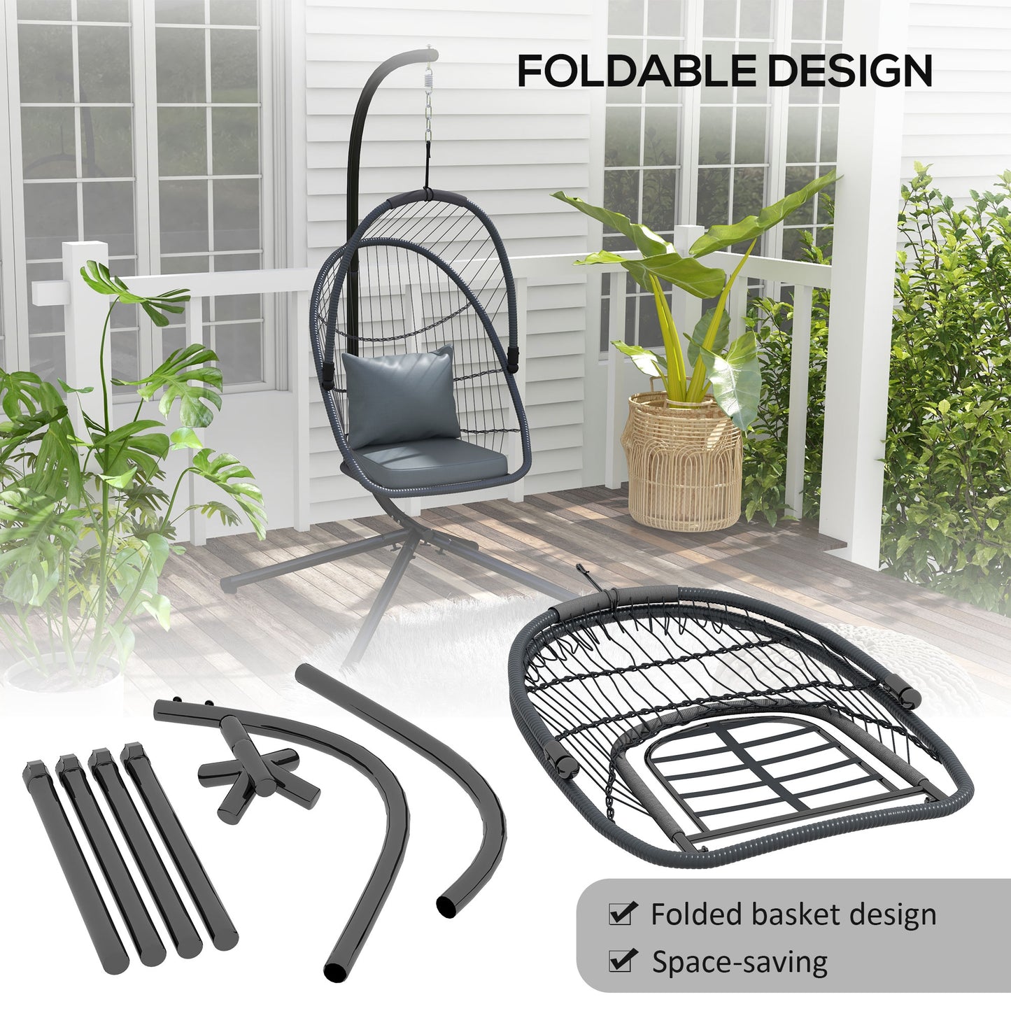 Outdoor PE Rattan Swing Chair with Cushion, Foldable Basket Patio Hanging Chair w/ Metal Stand, Rotation Spring Hook, Basket Height