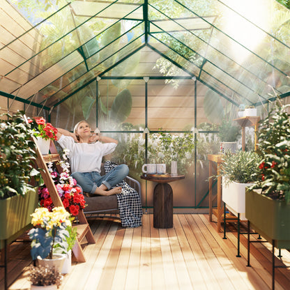 8x12ft Polycarbonate Walk-in Greenhouse Outdoor w/ Double Sliding Door