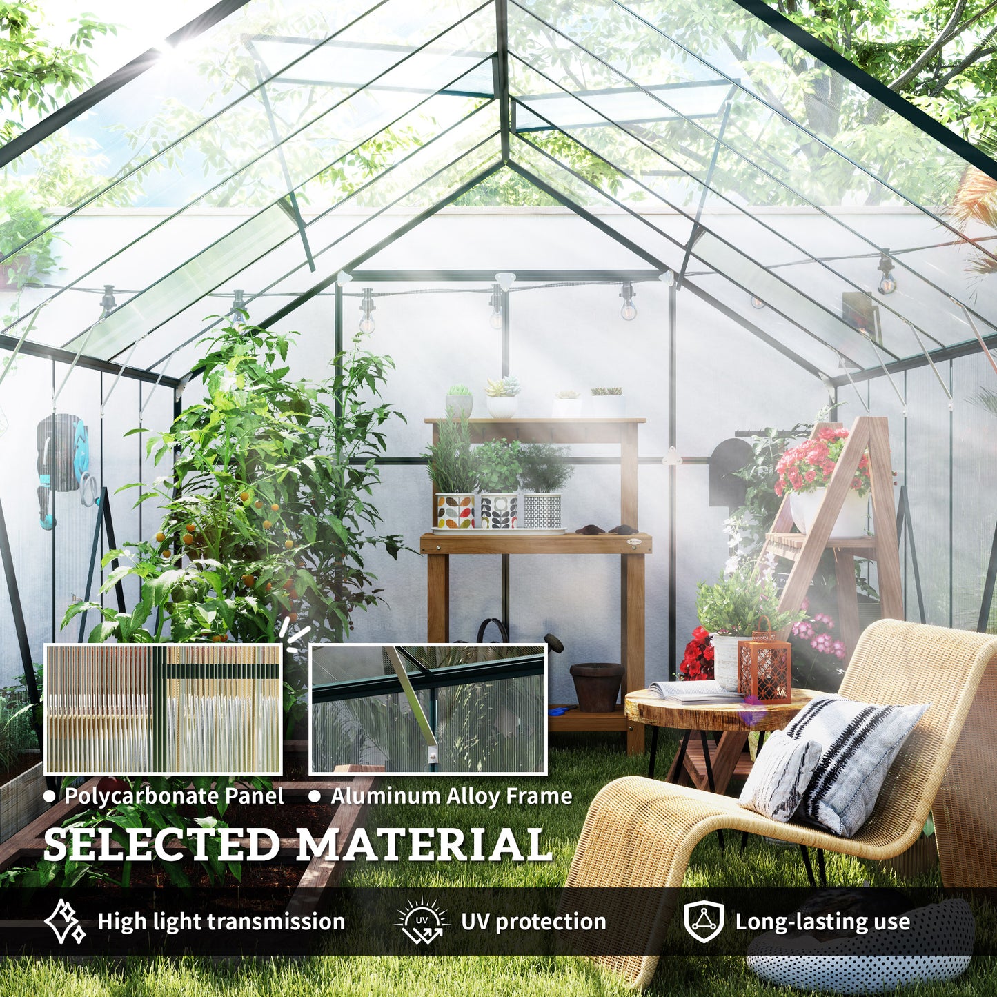 8x12ft Polycarbonate Walk-in Greenhouse Outdoor w/ Double Sliding Door