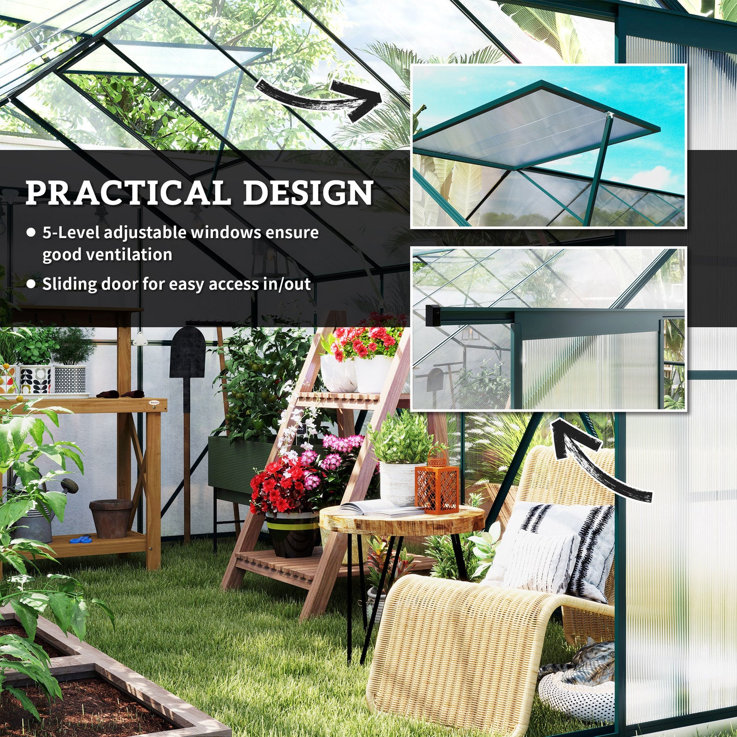 8x12ft Polycarbonate Walk-in Greenhouse Outdoor w/ Double Sliding Door