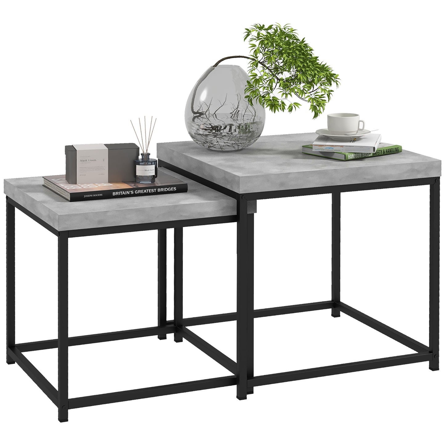 Coffee Table Set of 2, Nest of Tables with 3.5cm Thick Tabletop, Grey