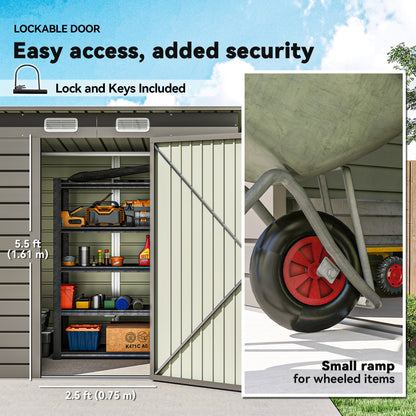6 x 4FT Galvanised  Metal Garden Shed with Lockable Door, Grey