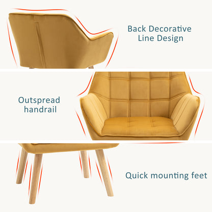 Luxe Velvet-Feel Accent Chair w/ Wide Arms Slanted Back Wood Legs Yellow