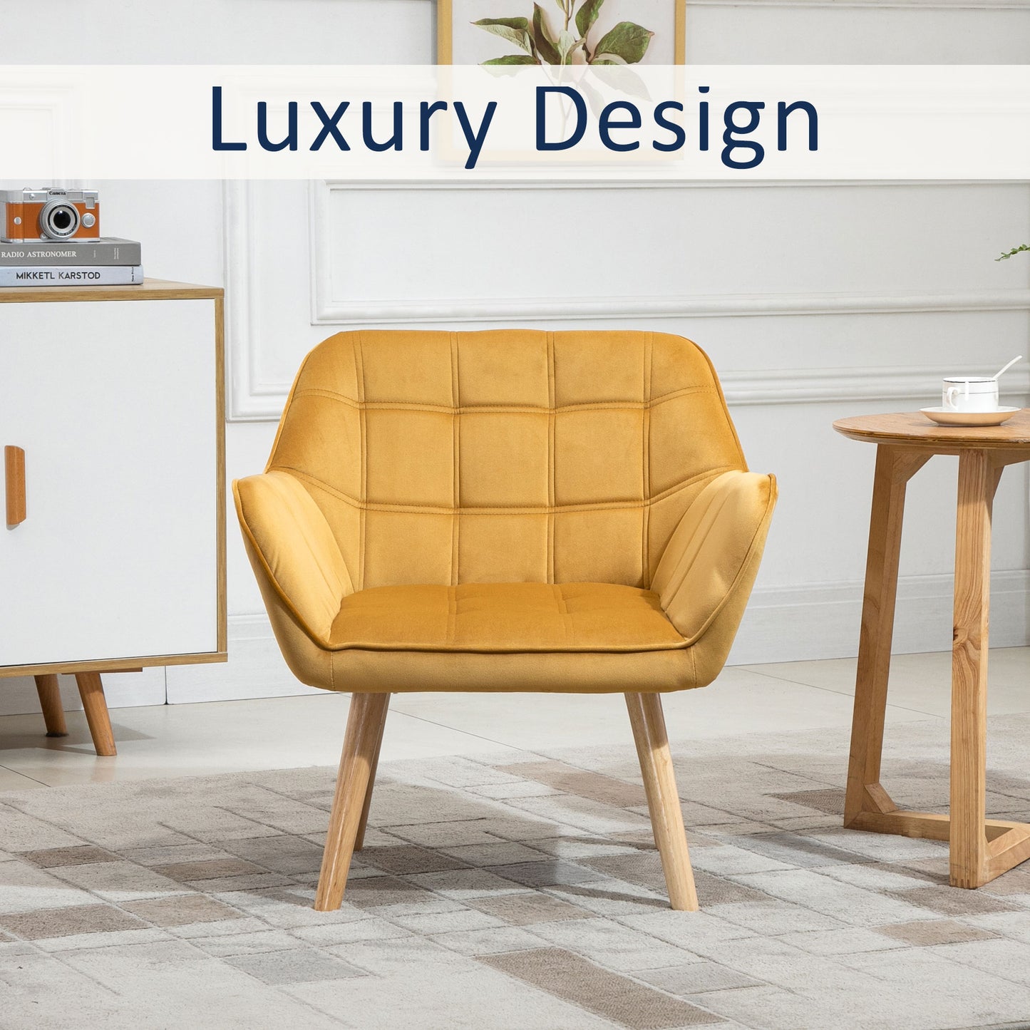 Luxe Velvet-Feel Accent Chair w/ Wide Arms Slanted Back Wood Legs Yellow