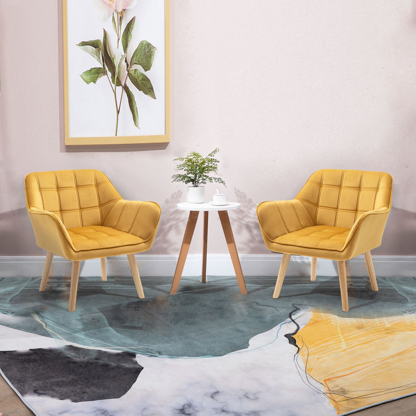 Luxe Velvet-Feel Accent Chair w/ Wide Arms Slanted Back Wood Legs Yellow