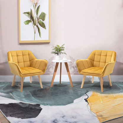 Luxe Velvet-Feel Accent Chair w/ Wide Arms Slanted Back Wood Legs Yellow