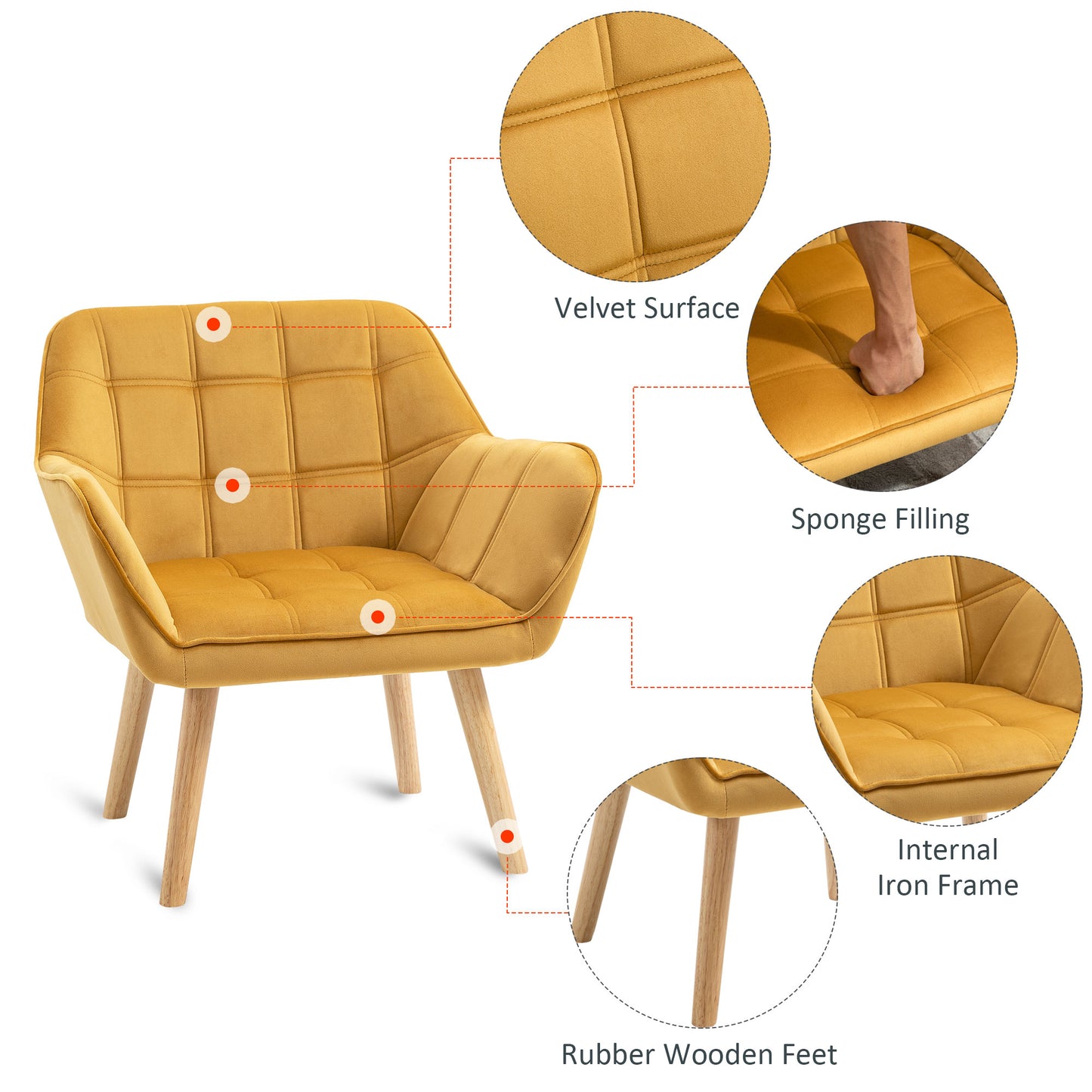 Luxe Velvet-Feel Accent Chair w/ Wide Arms Slanted Back Wood Legs Yellow