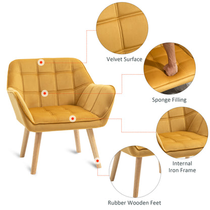 Luxe Velvet-Feel Accent Chair w/ Wide Arms Slanted Back Wood Legs Yellow