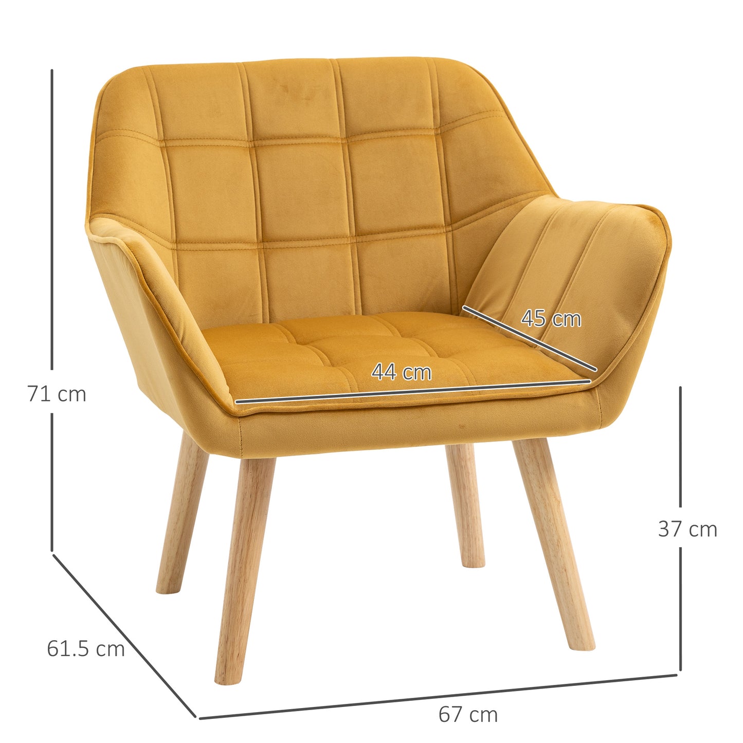 Luxe Velvet-Feel Accent Chair w/ Wide Arms Slanted Back Wood Legs Yellow