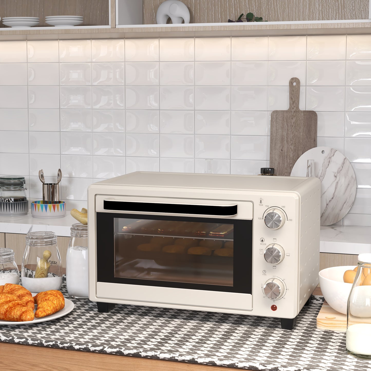 Mini Oven 21L Electric Grill w/ Adjustable Temp Timer 1400W, Cream