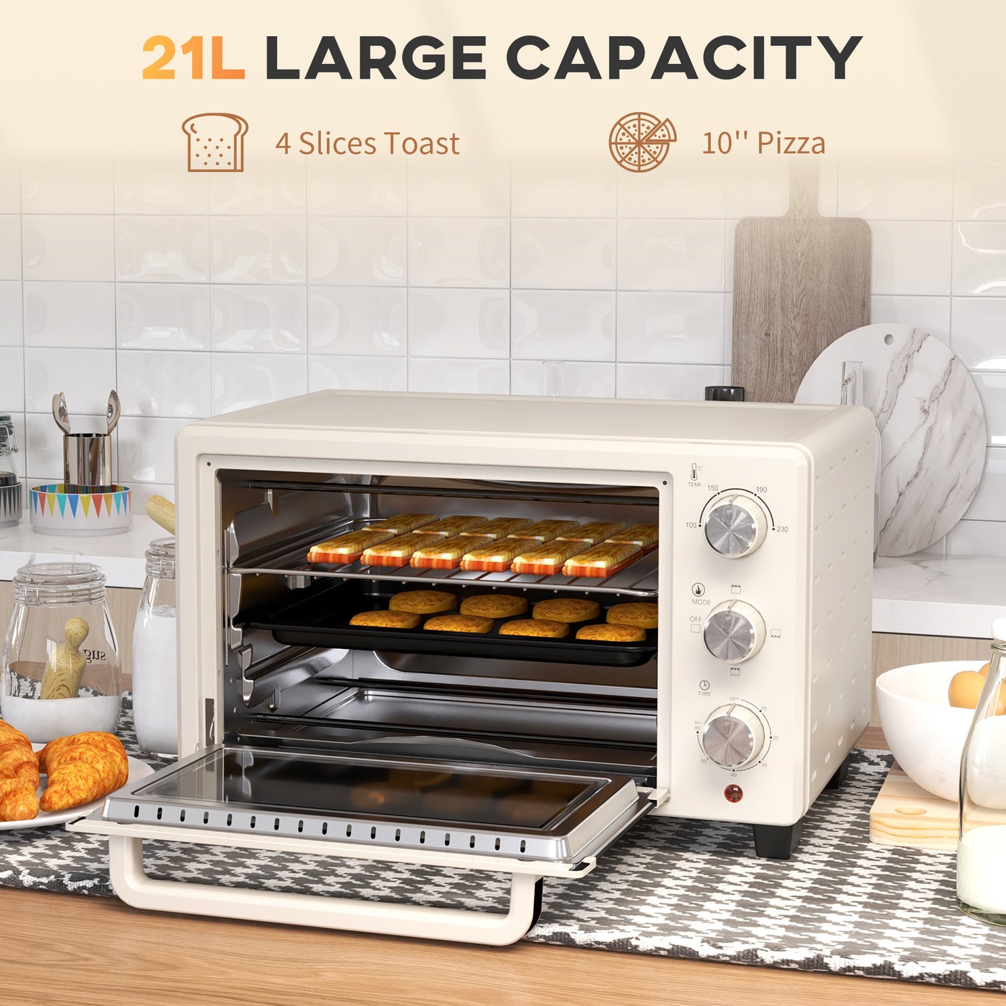 Mini Oven 21L Electric Grill w/ Adjustable Temp Timer 1400W, Cream