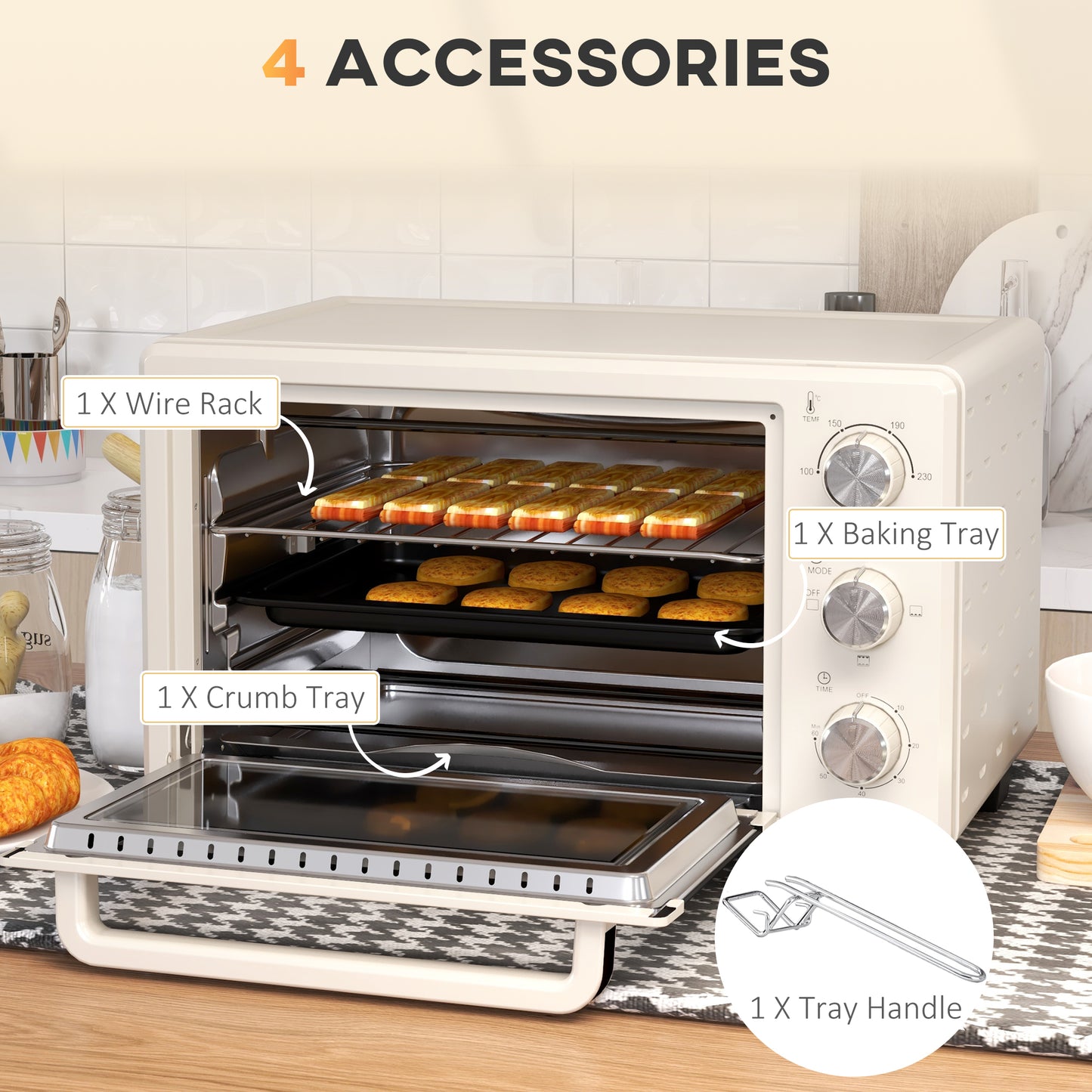 Mini Oven 21L Electric Grill w/ Adjustable Temp Timer 1400W, Cream