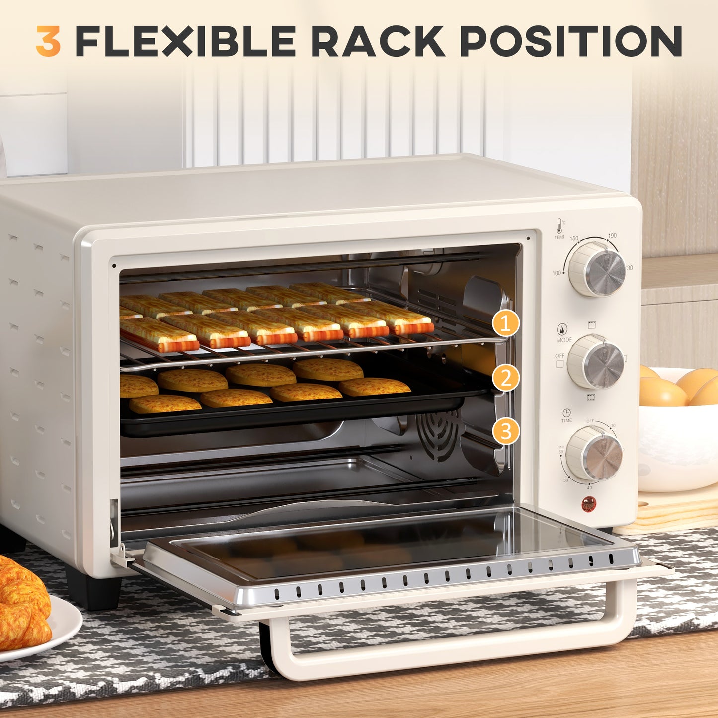 Mini Oven 21L Electric Grill w/ Adjustable Temp Timer 1400W, Cream