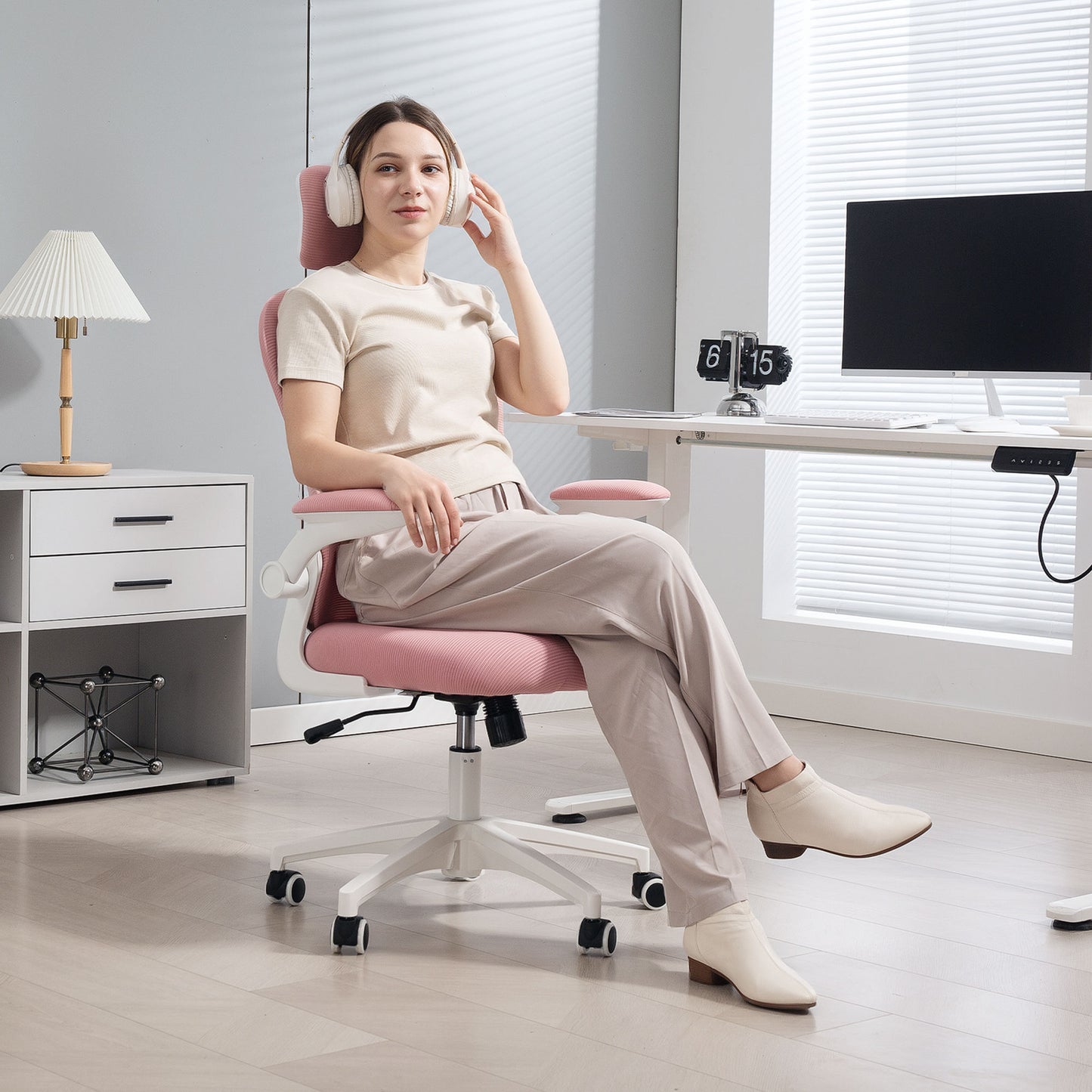 Mesh Chair with Headrest, 4D Lumbar Support, Flip-up Arm, Pink