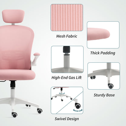 Mesh Chair with Headrest, 4D Lumbar Support, Flip-up Arm, Pink