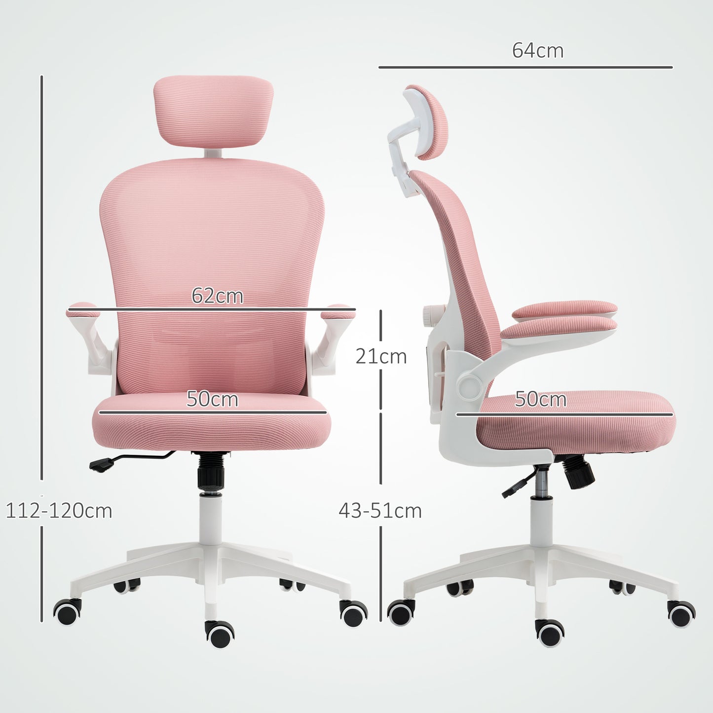 Mesh Chair with Headrest, 4D Lumbar Support, Flip-up Arm, Pink