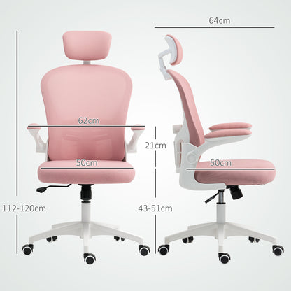 Mesh Chair with Headrest, 4D Lumbar Support, Flip-up Arm, Pink