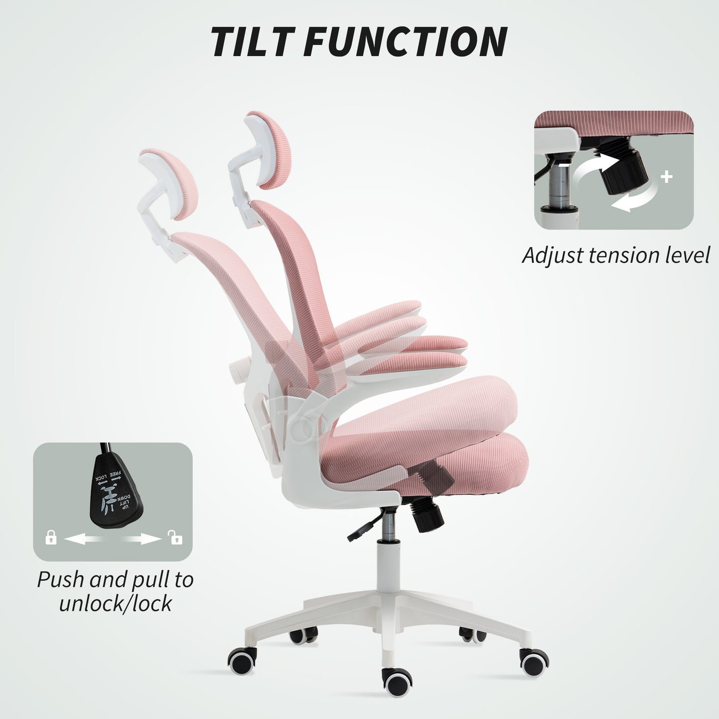 Mesh Chair with Headrest, 4D Lumbar Support, Flip-up Arm, Pink