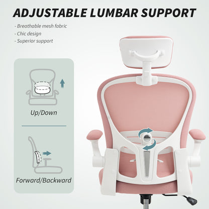 Mesh Chair with Headrest, 4D Lumbar Support, Flip-up Arm, Pink