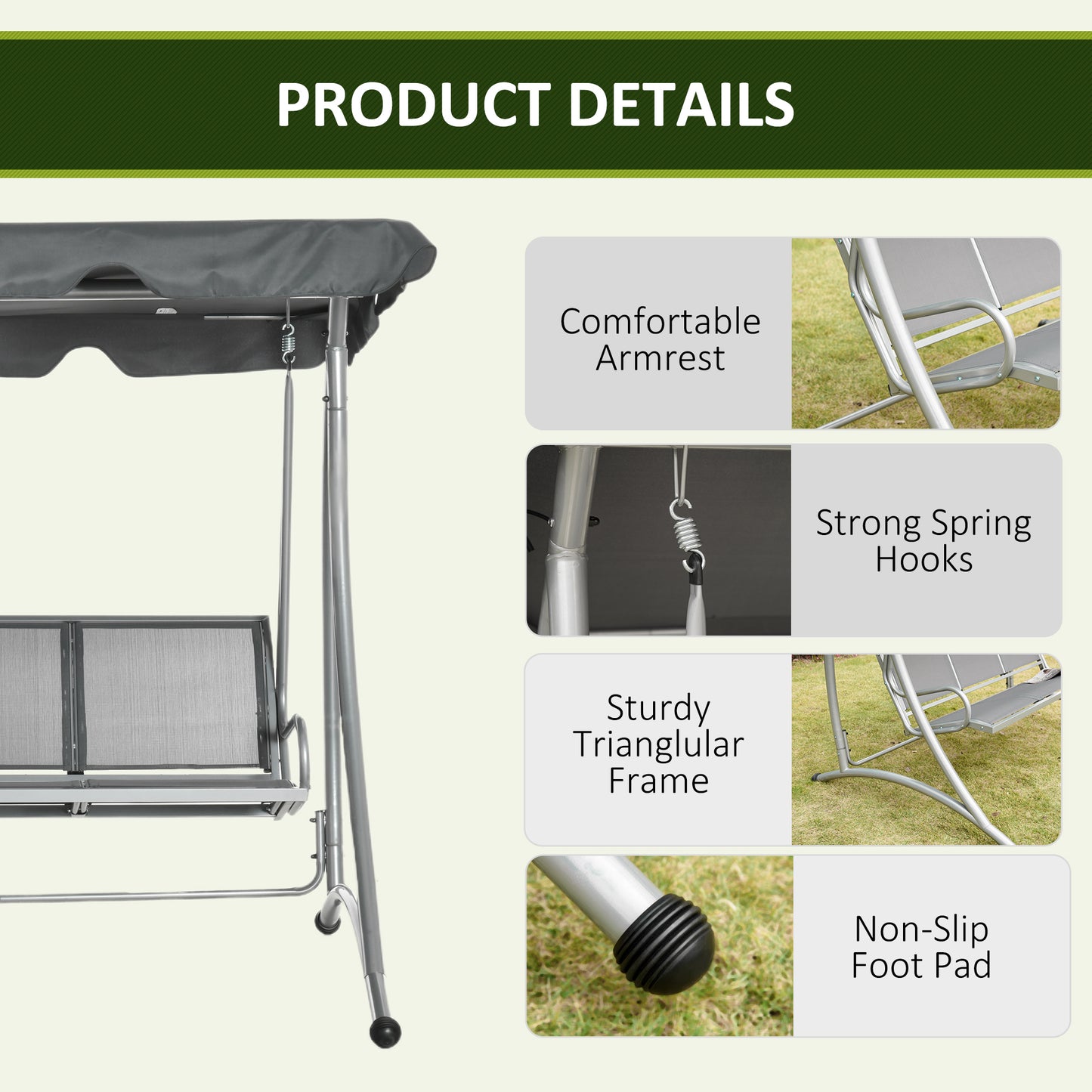 3 Seat Metal Fabric Backyard Balcony Patio Swing Chair w/ Canopy Grey
