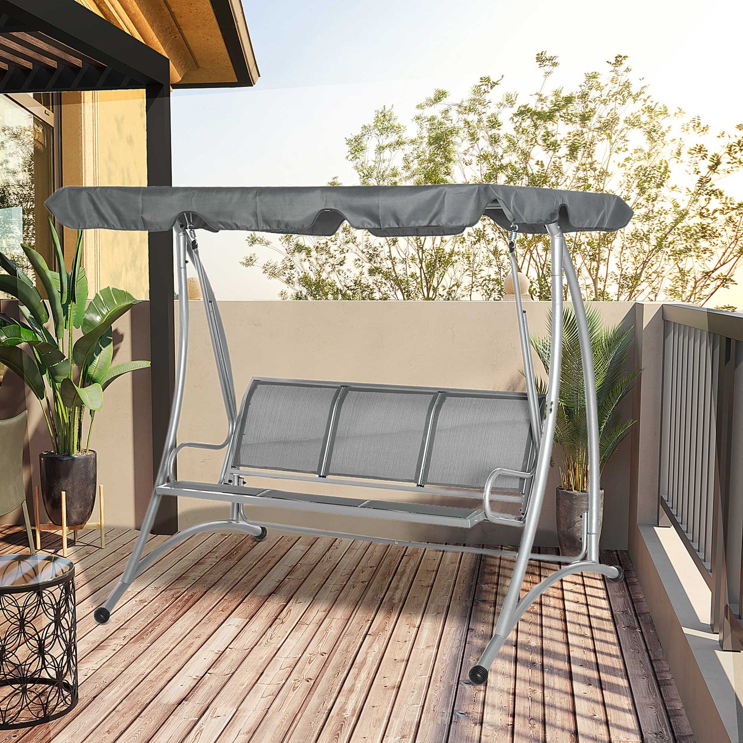 3 Seat Metal Fabric Backyard Balcony Patio Swing Chair w/ Canopy Grey