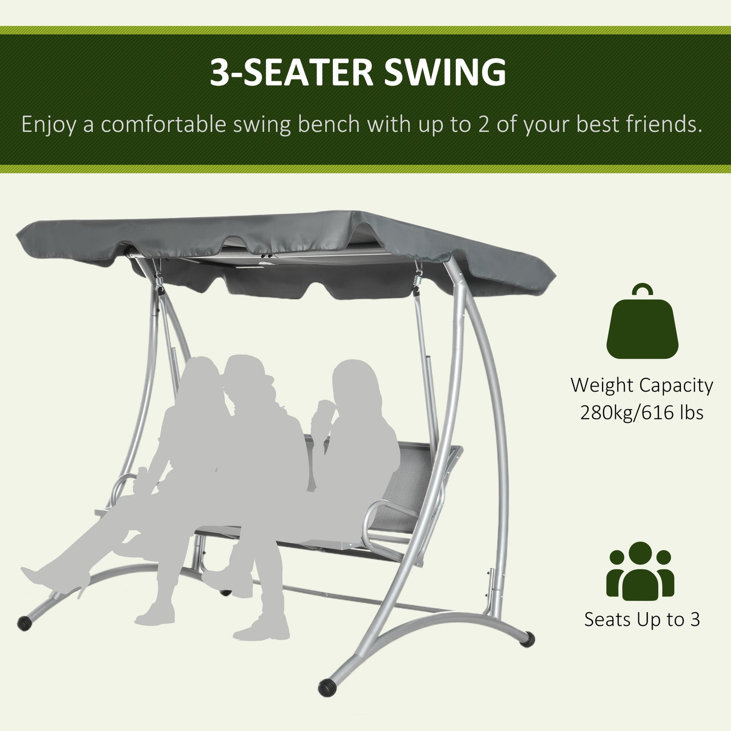 3 Seat Metal Fabric Backyard Balcony Patio Swing Chair w/ Canopy Grey