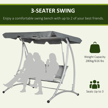 3 Seat Metal Fabric Backyard Balcony Patio Swing Chair w/ Canopy Grey