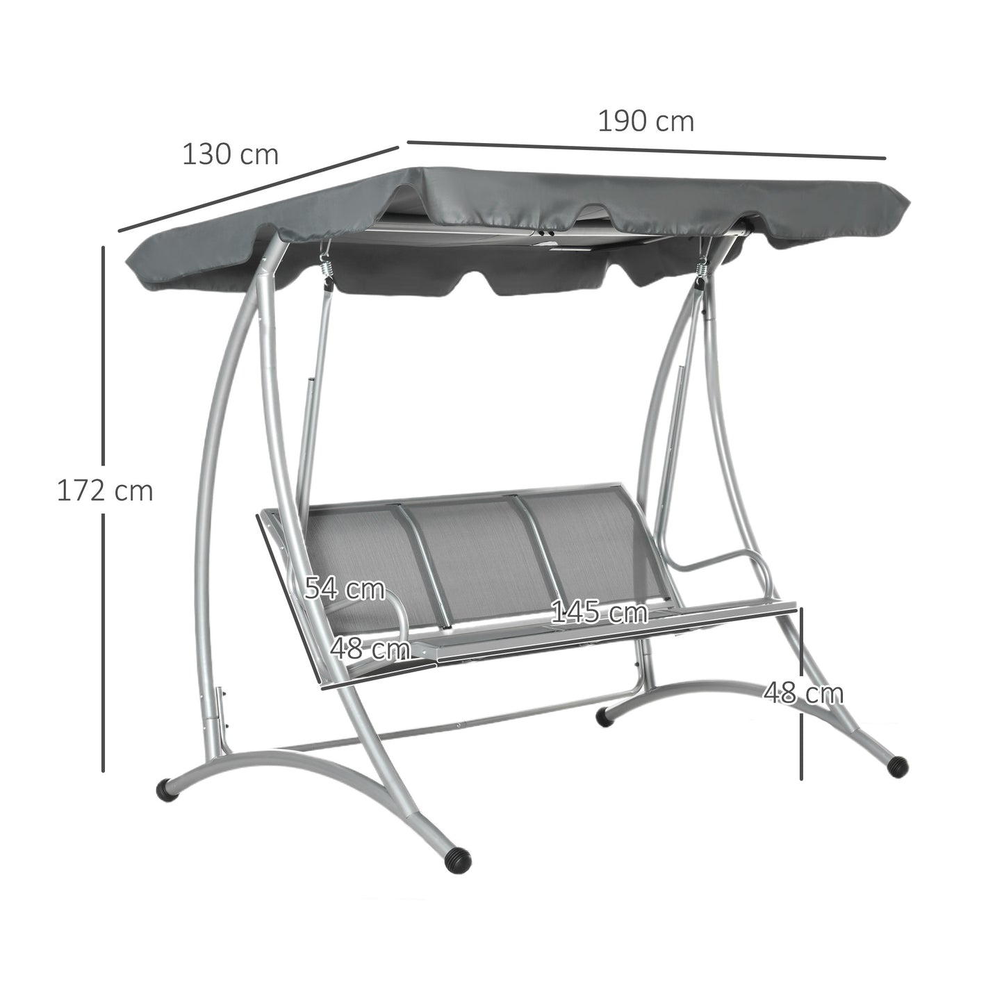 3 Seat Metal Fabric Backyard Balcony Patio Swing Chair w/ Canopy Grey