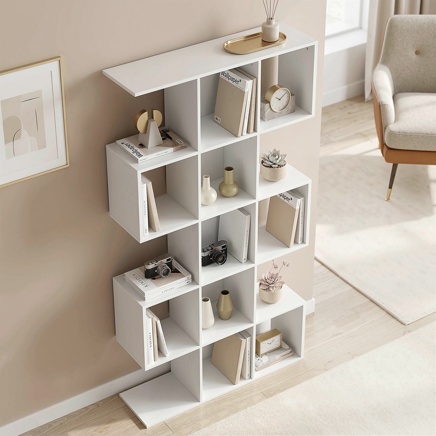 Geometric Bookshelf, 5-Tier S Shaped Bookcase, White Wood Effect