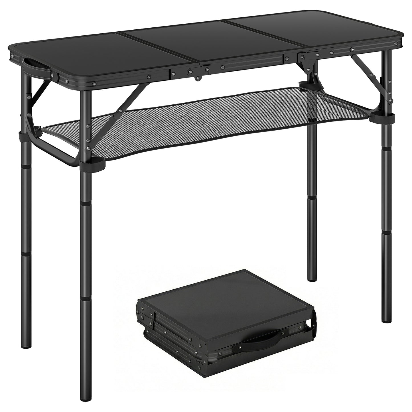 3ft Folding Camping Table, Picnic Table with Storage Layer, Black