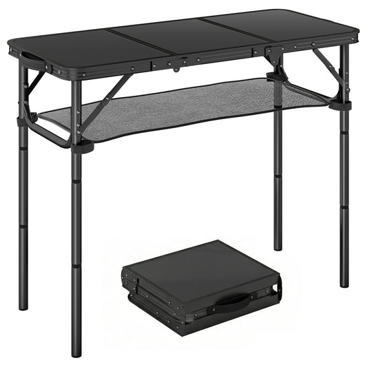 3ft Folding Camping Table, Picnic Table with Storage Layer, Black
