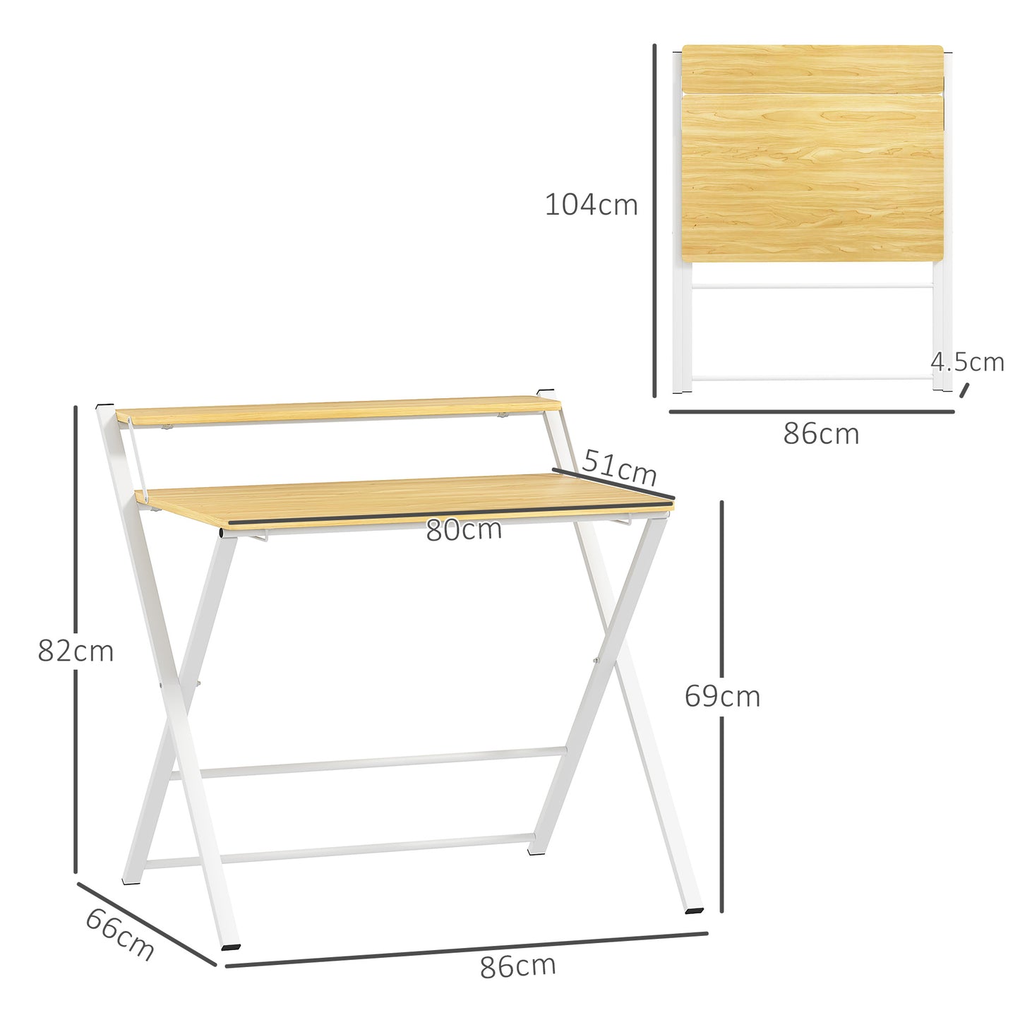 Folding Desk with 2-Tier Shelf for Home Office, Maple Wood-effect
