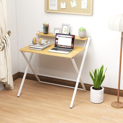 Folding Desk with 2-Tier Shelf for Home Office, Maple Wood-effect