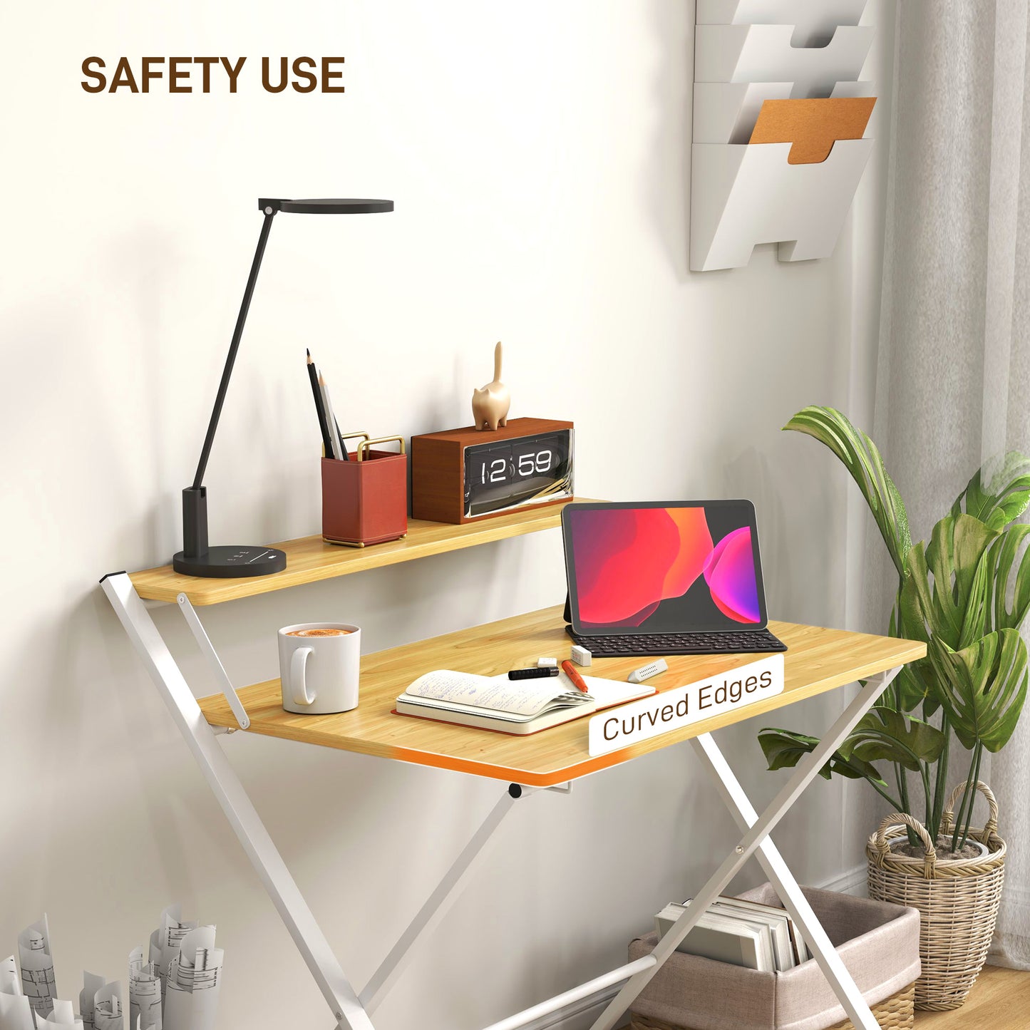 Folding Desk with 2-Tier Shelf for Home Office, Maple Wood-effect