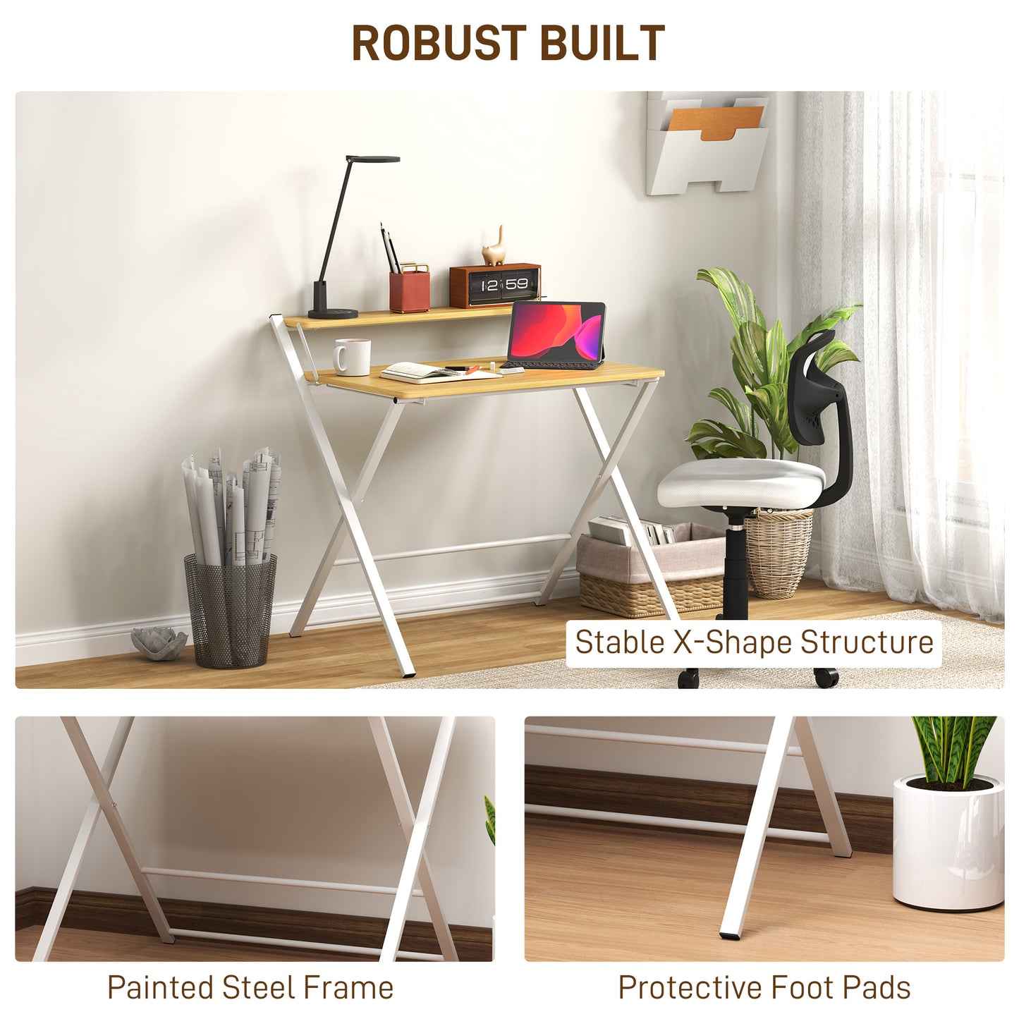 Folding Desk with 2-Tier Shelf for Home Office, Maple Wood-effect