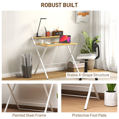 Folding Desk with 2-Tier Shelf for Home Office, Maple Wood-effect