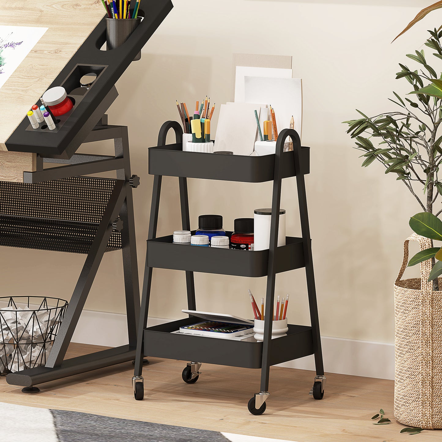 3-Tier Rolling Utility Cart Kitchen Storage Trolley on Wheels Black