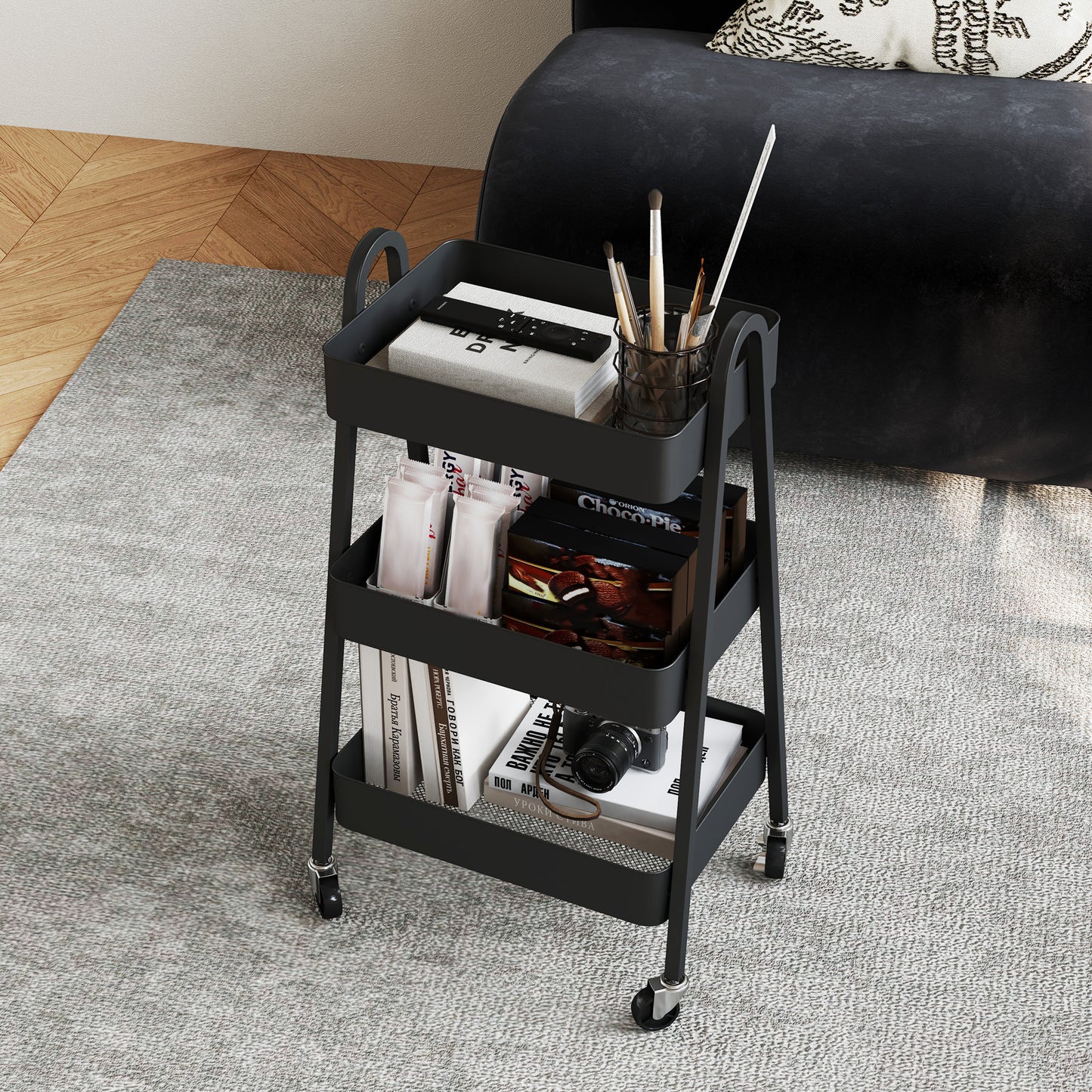 3-Tier Rolling Utility Cart Kitchen Storage Trolley on Wheels Black